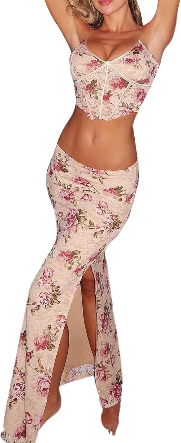 Women Two Piece Maxi Skirt Set Y2K Cami Crop Top and Long Skirt Set Sexy Party Cocktail Floral Maxi Skirt Set