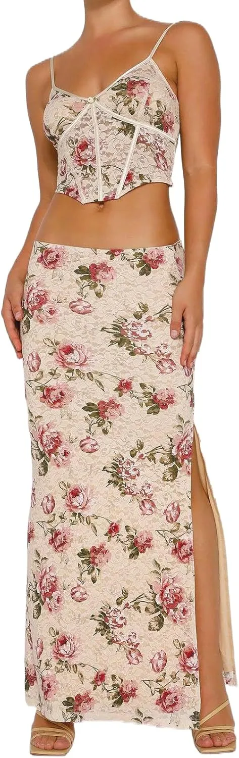 Women Two Piece Maxi Skirt Set Y2K Cami Crop Top and Long Skirt Set Sexy Party Cocktail Floral Maxi Skirt Set