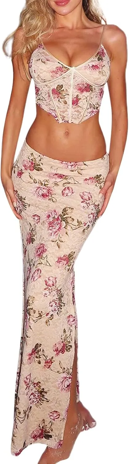 Women Two Piece Maxi Skirt Set Y2K Cami Crop Top and Long Skirt Set Sexy Party Cocktail Floral Maxi Skirt Set