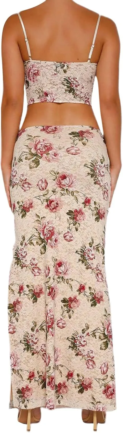 Women Two Piece Maxi Skirt Set Y2K Cami Crop Top and Long Skirt Set Sexy Party Cocktail Floral Maxi Skirt Set