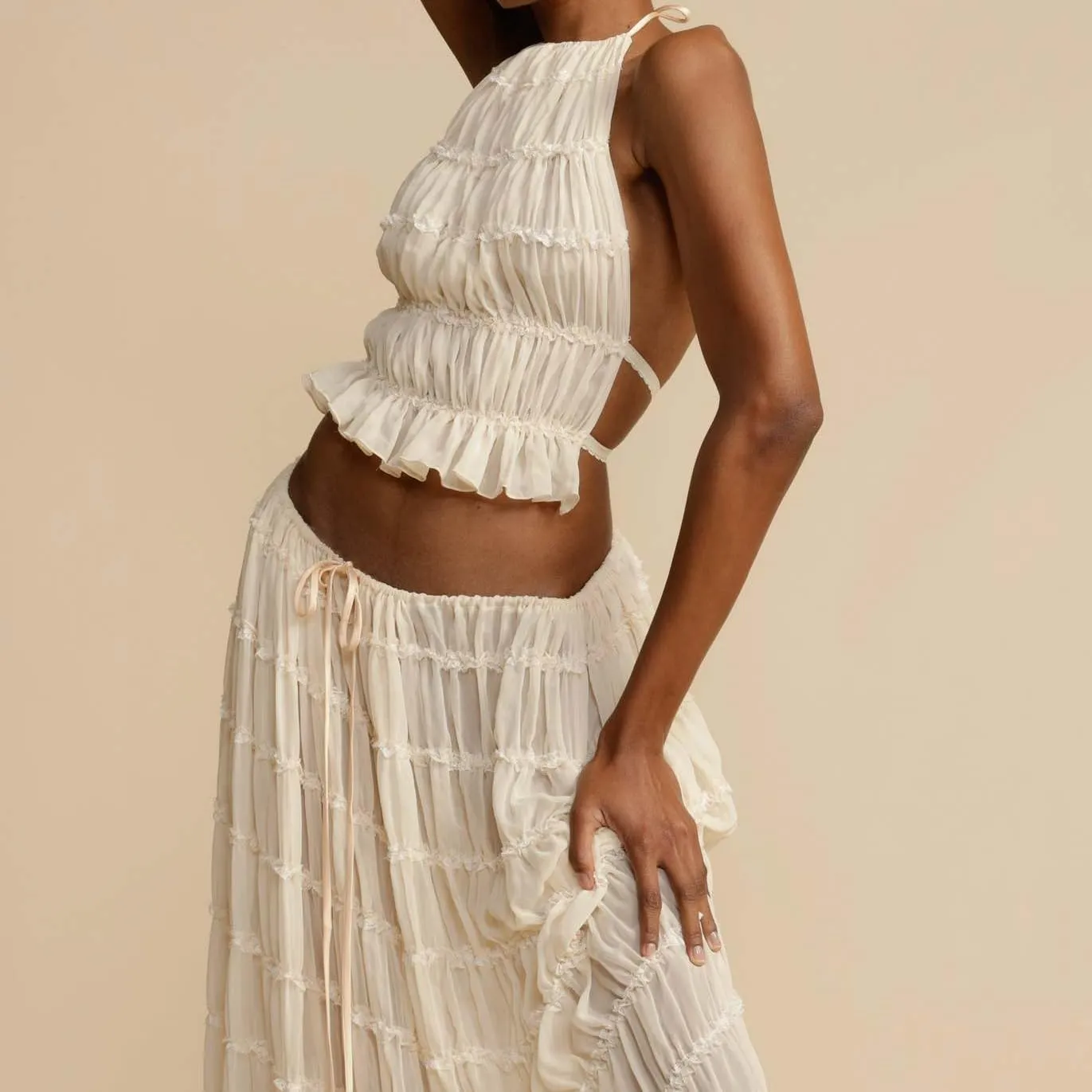 Women Two Piece Maxi Skirt Set Y2k Sleeveless Crop Cami Top Ruffle Tiered Flowy Long Skirt Vacation Beach Outfits