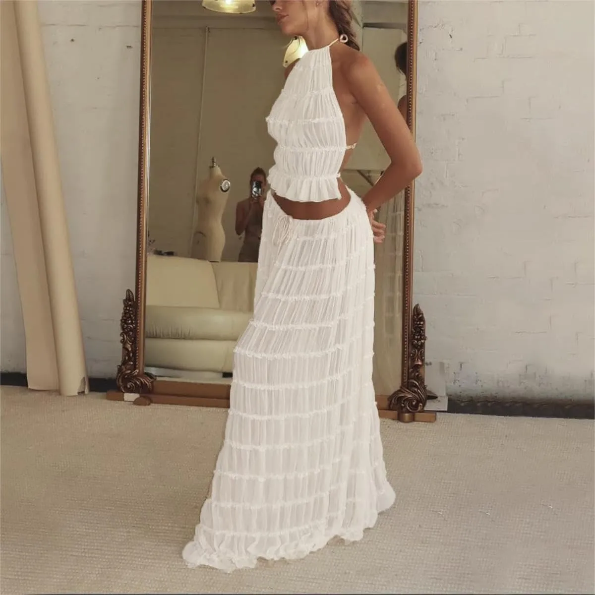 Women Two Piece Maxi Skirt Set Y2k Sleeveless Crop Cami Top Ruffle Tiered Flowy Long Skirt Vacation Beach Outfits