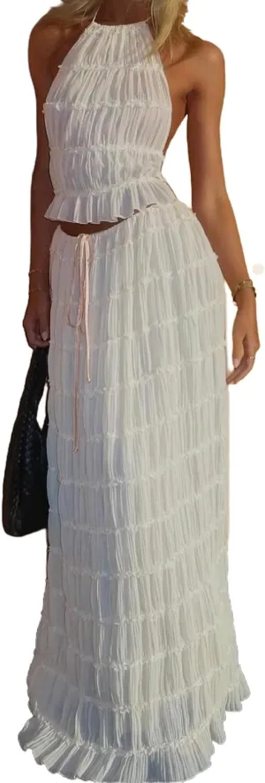 Women Two Piece Maxi Skirt Set Y2k Sleeveless Crop Cami Top Ruffle Tiered Flowy Long Skirt Vacation Beach Outfits