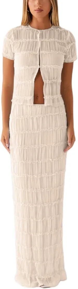 Women Two Piece Maxi Skirt Sets Y2k Sleeveless Crop Cami Top Ruffle Tiered Flowy Long Skirt Vacation Beach Outfits