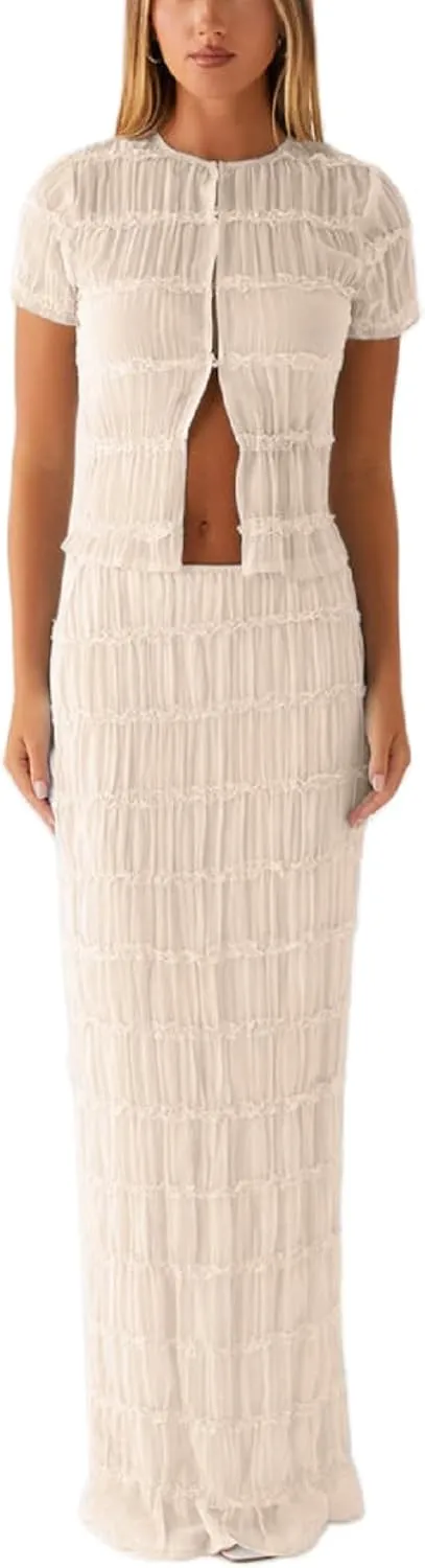 Women Two Piece Maxi Skirt Sets Y2k Sleeveless Crop Cami Top Ruffle Tiered Flowy Long Skirt Vacation Beach Outfits