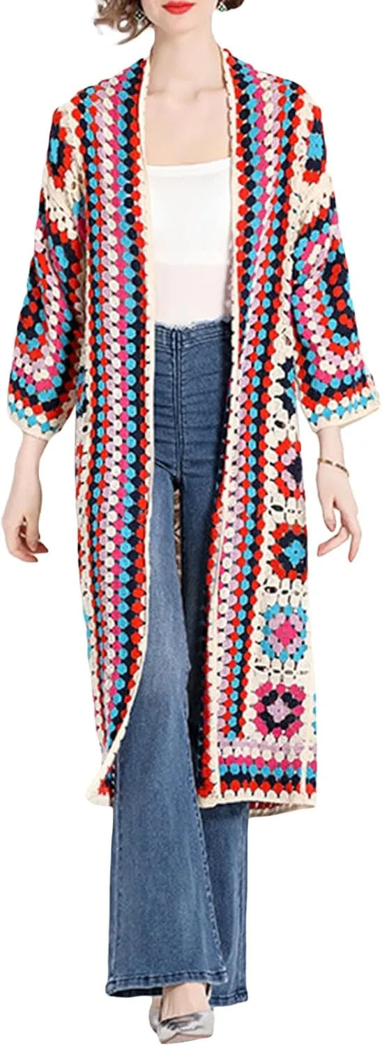 Women Vintage Crochet Granny Square Cardigan Jumper Long Sleeve Open Front Floral Knit Sweater Knitwear Long Cardigan