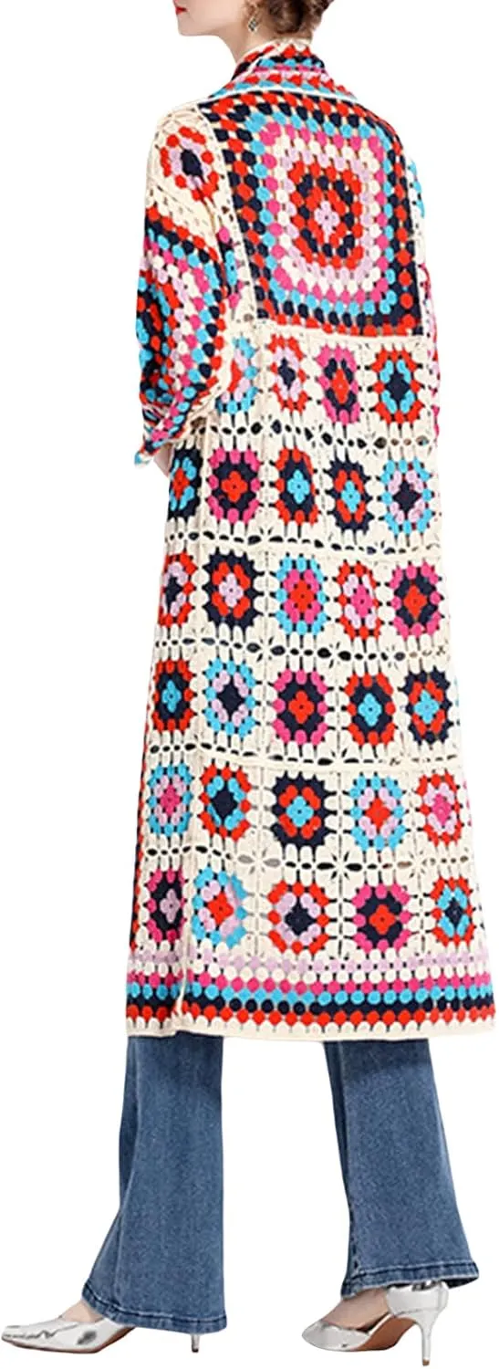 Women Vintage Crochet Granny Square Cardigan Jumper Long Sleeve Open Front Floral Knit Sweater Knitwear Long Cardigan