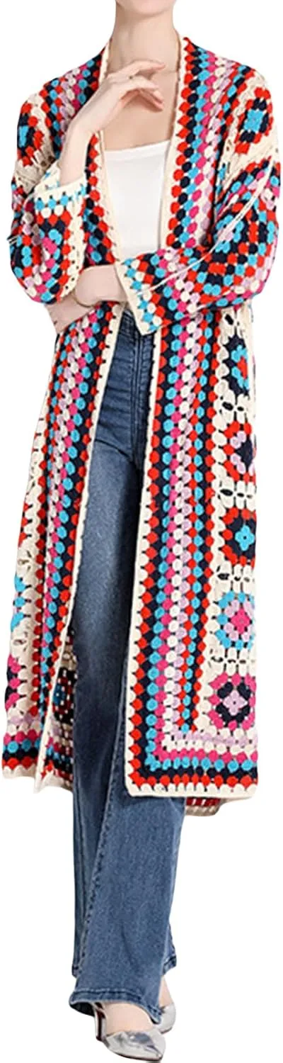 Women Vintage Crochet Granny Square Cardigan Jumper Long Sleeve Open Front Floral Knit Sweater Knitwear Long Cardigan
