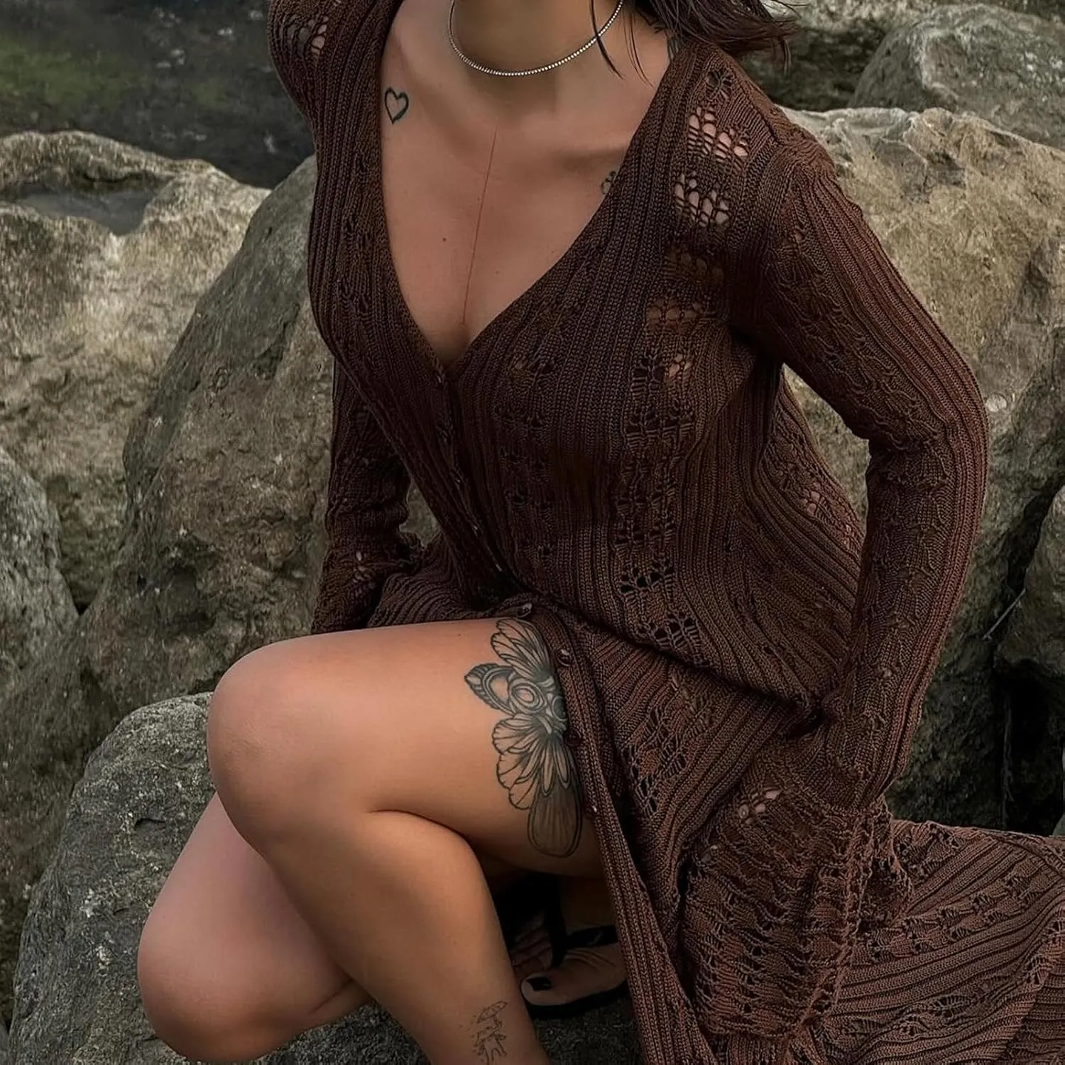 Women Vintage Crochet Granny Square Cardigan Jumper Long Sleeve Open Front Floral Knit Sweater Knitwear Long Cardigan