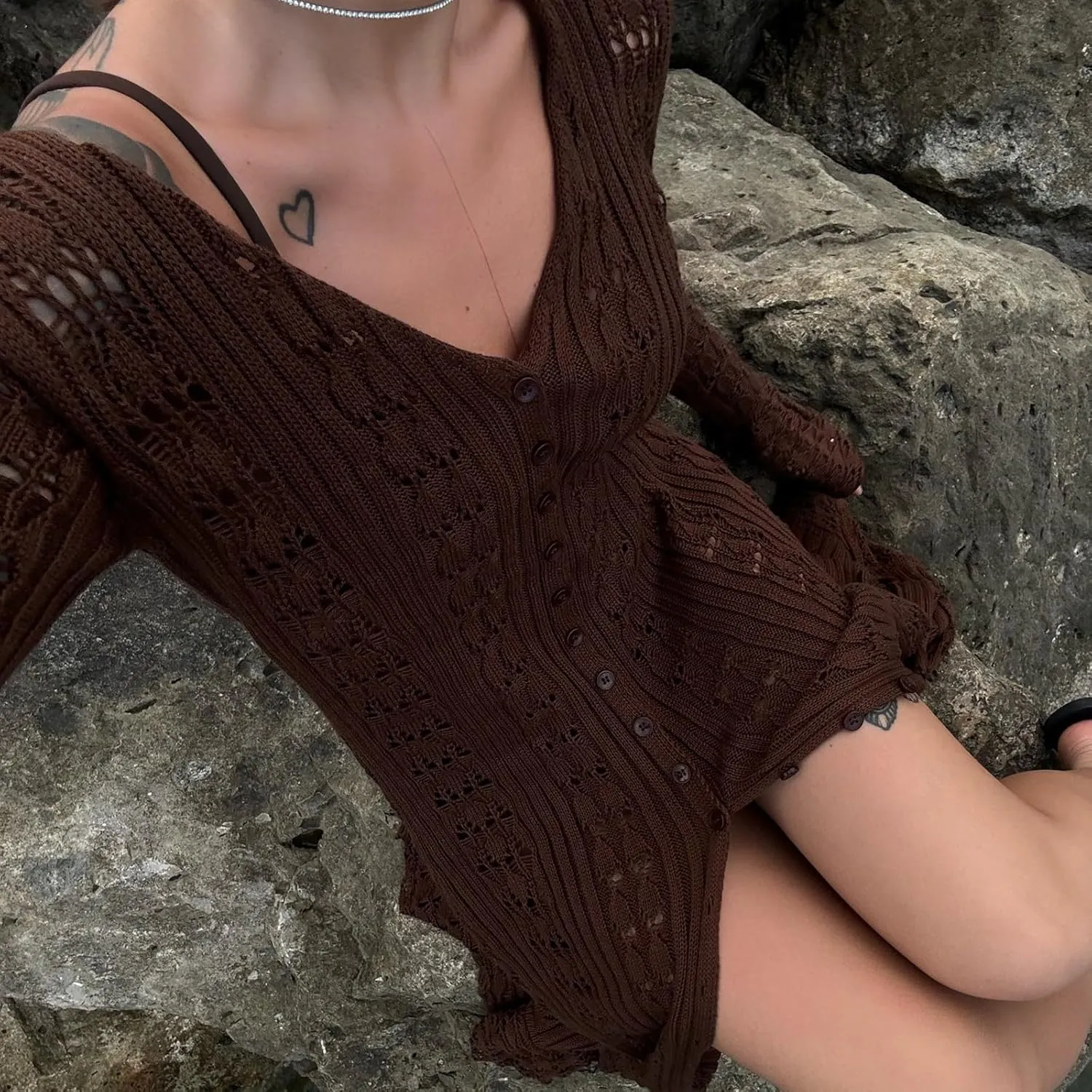 Women Vintage Crochet Granny Square Cardigan Jumper Long Sleeve Open Front Floral Knit Sweater Knitwear Long Cardigan