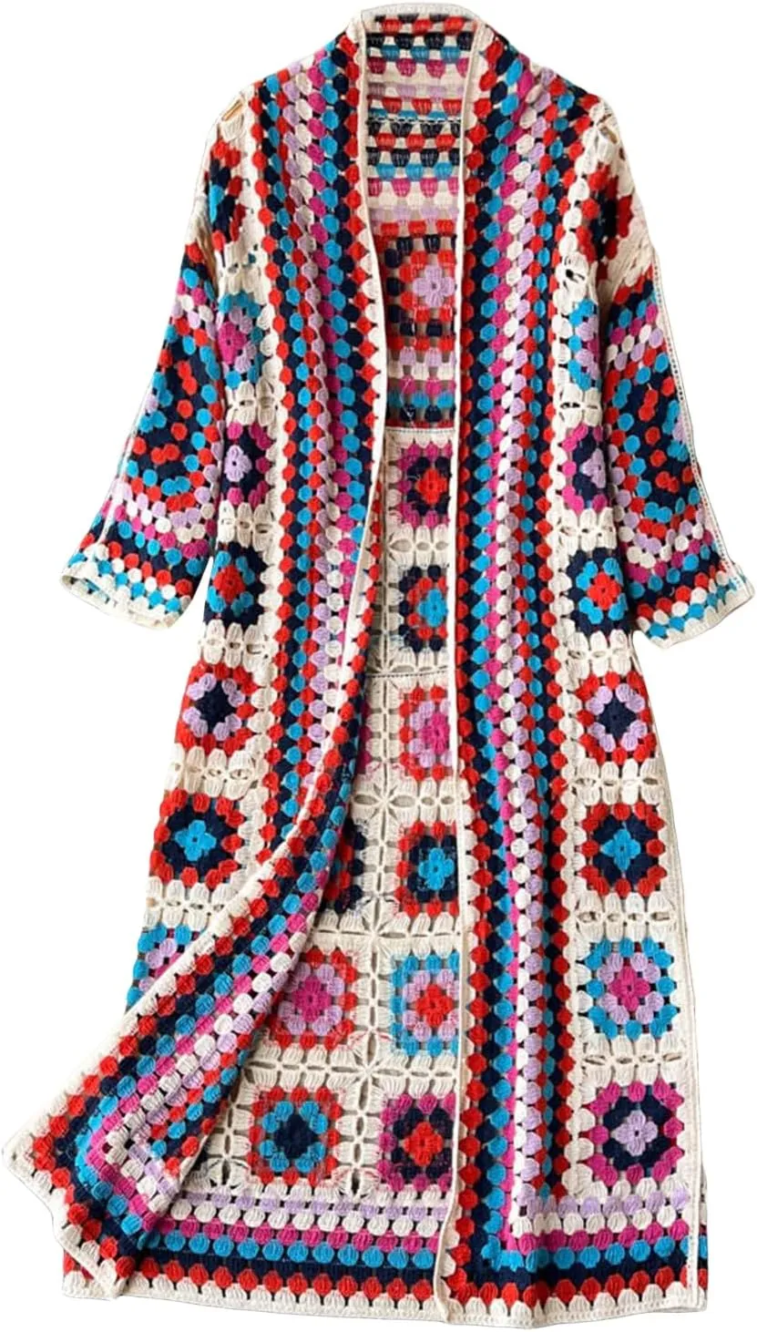 Women Vintage Crochet Granny Square Cardigan Jumper Long Sleeve Open Front Floral Knit Sweater Knitwear Long Cardigan