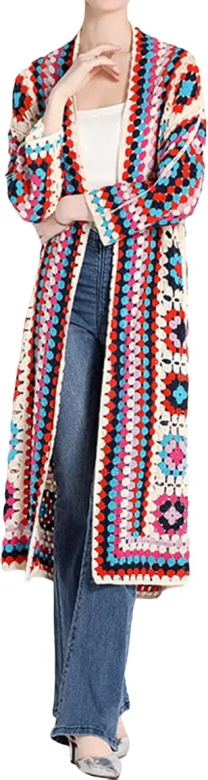 Women Vintage Crochet Granny Square Cardigan Jumper Long Sleeve Open Front Floral Knit Sweater Knitwear Long Cardigan