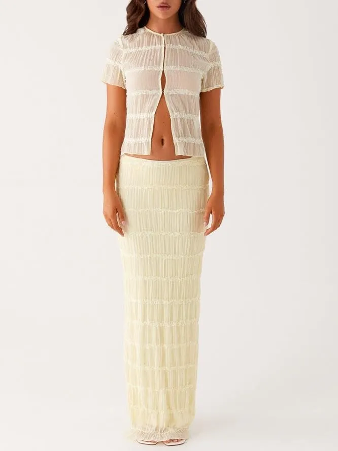 Women Y2k 2 Piece Maxi Skirt Set Ruched Short Sleeve Crop Top Flowy Ruffle Long Skirt Outfits Beachwear