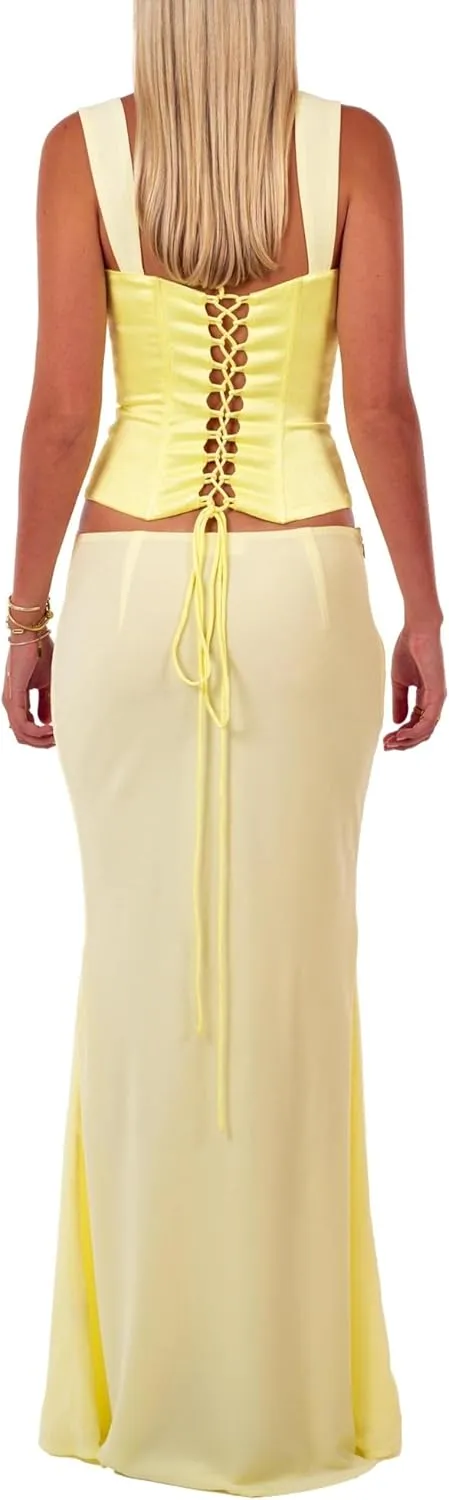 Women Y2k 2 Piece Skirt Sets Satin Backless Tank Top Bodycon Long Maxi Skirt Outfits Summer Beachwear