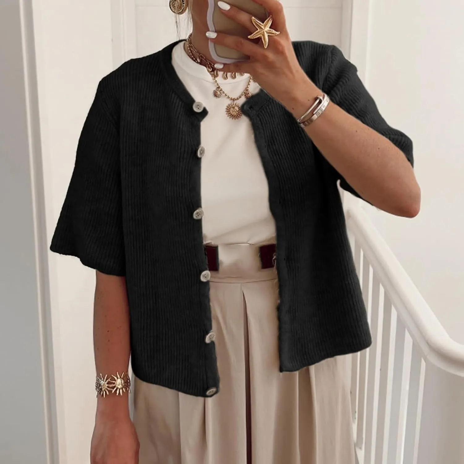 Women Y2K Button Down Sweater Cardigan Knit Crew Neck Short Sleeve Open Front Sweater Lightweight Knitwear Crop Top