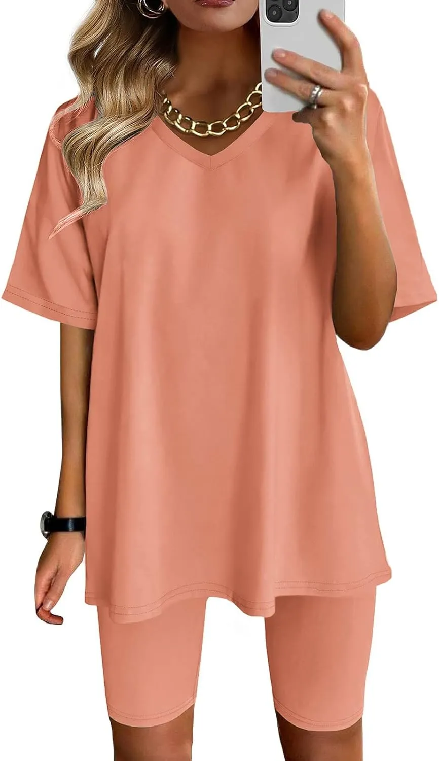 Womens 2 Piece Sets Summer Outfits 2025 Two Piece Lounge Set Matching V Neck T-Shirt Tops Biker Shorts Tracksuit