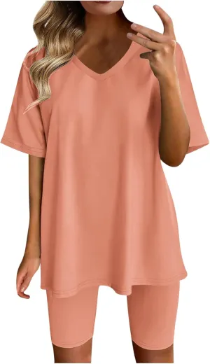 Womens 2 Piece Sets Summer Outfits 2025 Two Piece Lounge Set Matching V Neck T-Shirt Tops Biker Shorts Tracksuit