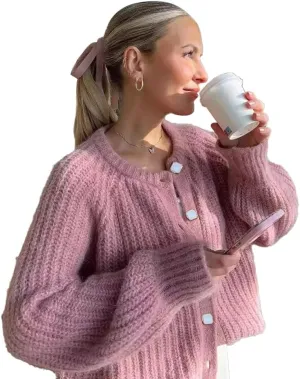 Womens 2024 Fall Cardigan Sweater Soft Chunky Knit Cardigan Crewneck Button Down Cropped Cardigan Outwear