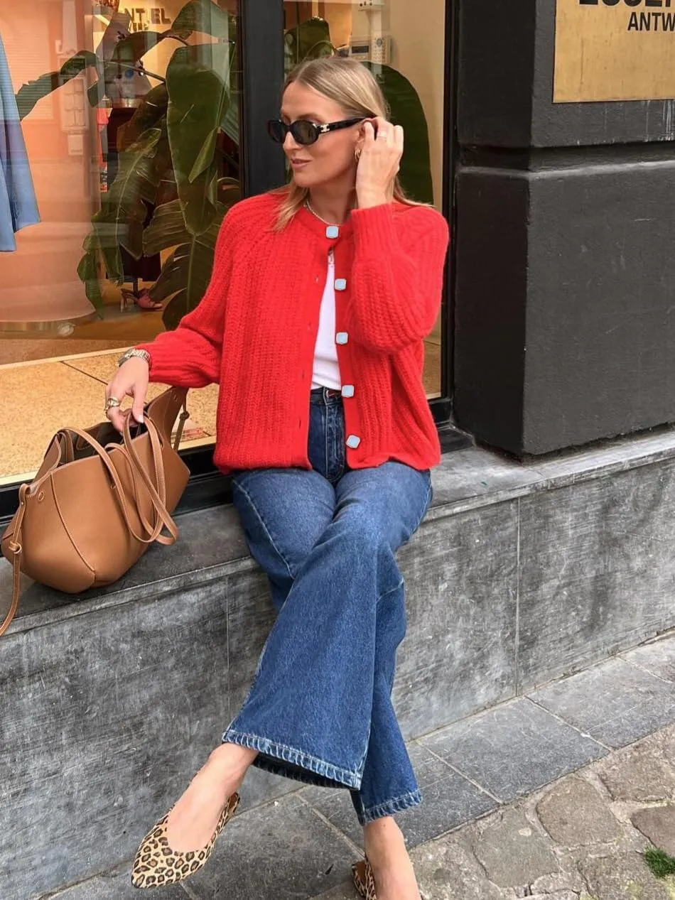 Womens 2024 Fall Cardigan Sweater Soft Chunky Knit Cardigan Crewneck Button Down Cropped Cardigan Outwear