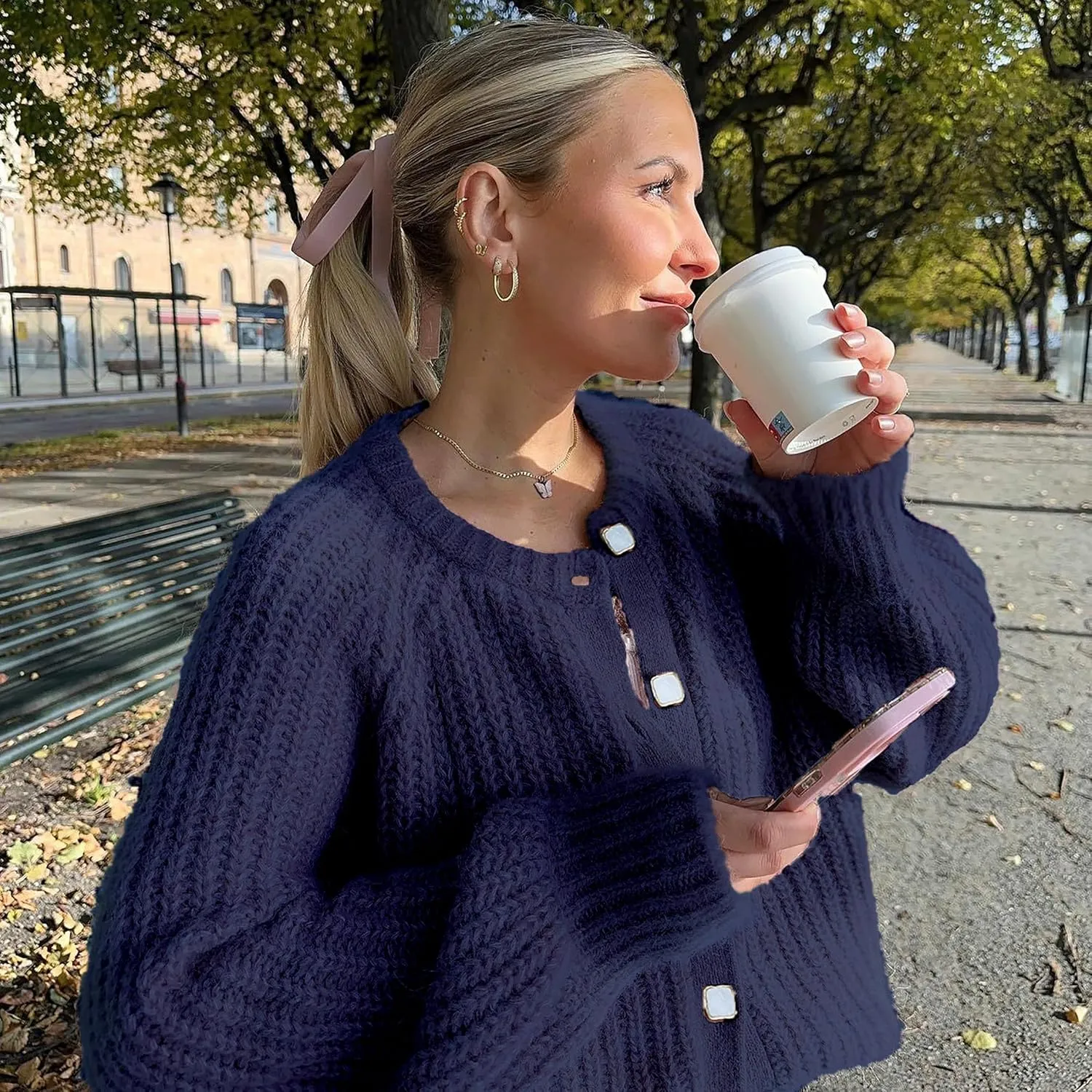 Womens 2024 Fall Cardigan Sweater Soft Chunky Knit Cardigan Crewneck Button Down Cropped Cardigan Outwear