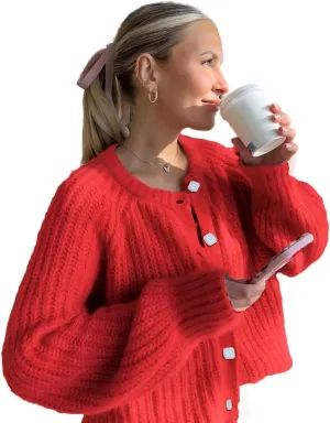 Womens 2024 Fall Cardigan Sweater Soft Chunky Knit Cardigan Crewneck Button Down Cropped Cardigan Outwear