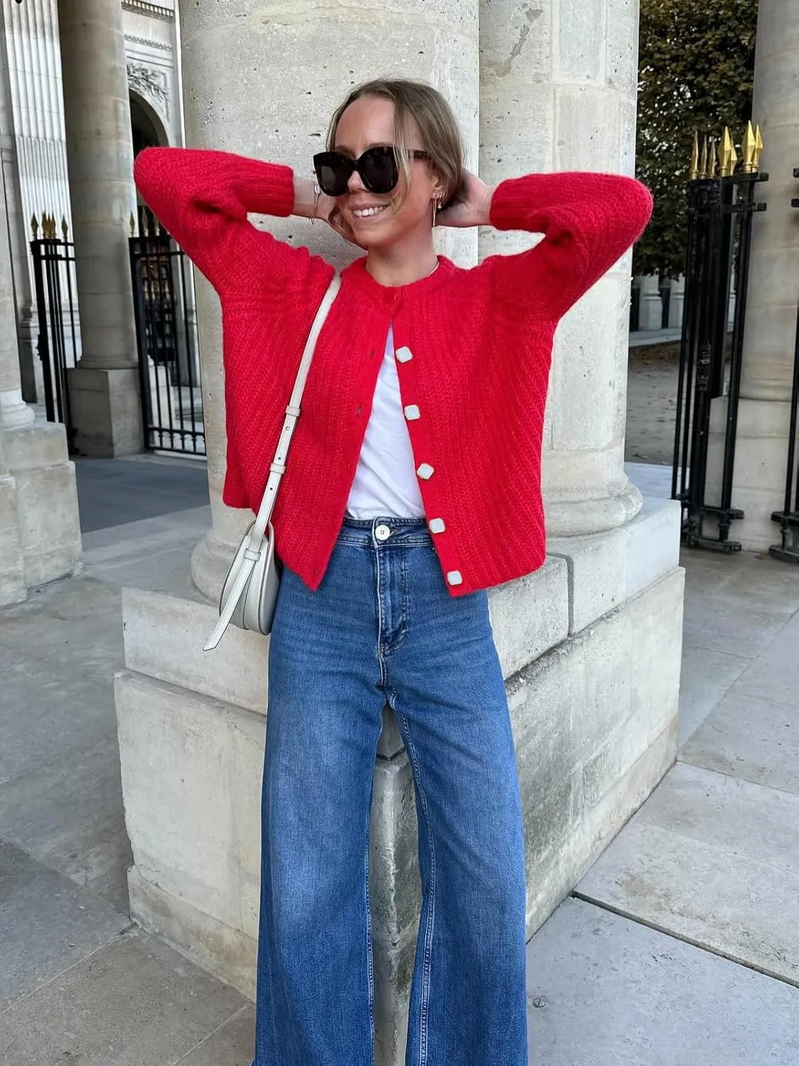 Womens 2024 Fall Cardigan Sweater Soft Chunky Knit Cardigan Crewneck Button Down Cropped Cardigan Outwear