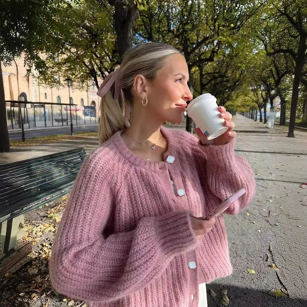 Womens 2024 Fall Cardigan Sweater Soft Chunky Knit Cardigan Crewneck Button Down Cropped Cardigan Outwear