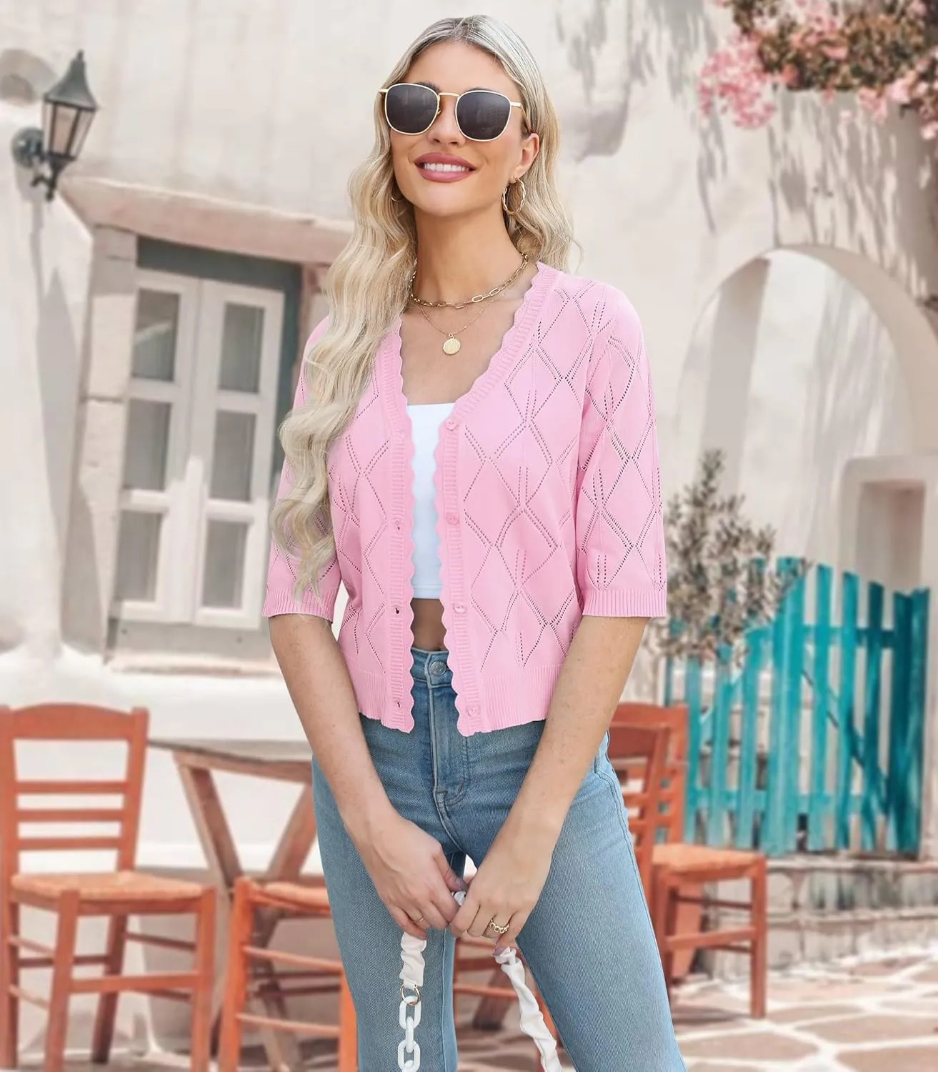 Women's 3/4 Sleeve Open Front Crochet Cropped Cardigans V Neck Heart Button Cardigan Shrug Bolero Sweater Tops
