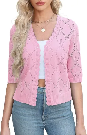 Women's 3/4 Sleeve Open Front Crochet Cropped Cardigans V Neck Heart Button Cardigan Shrug Bolero Sweater Tops