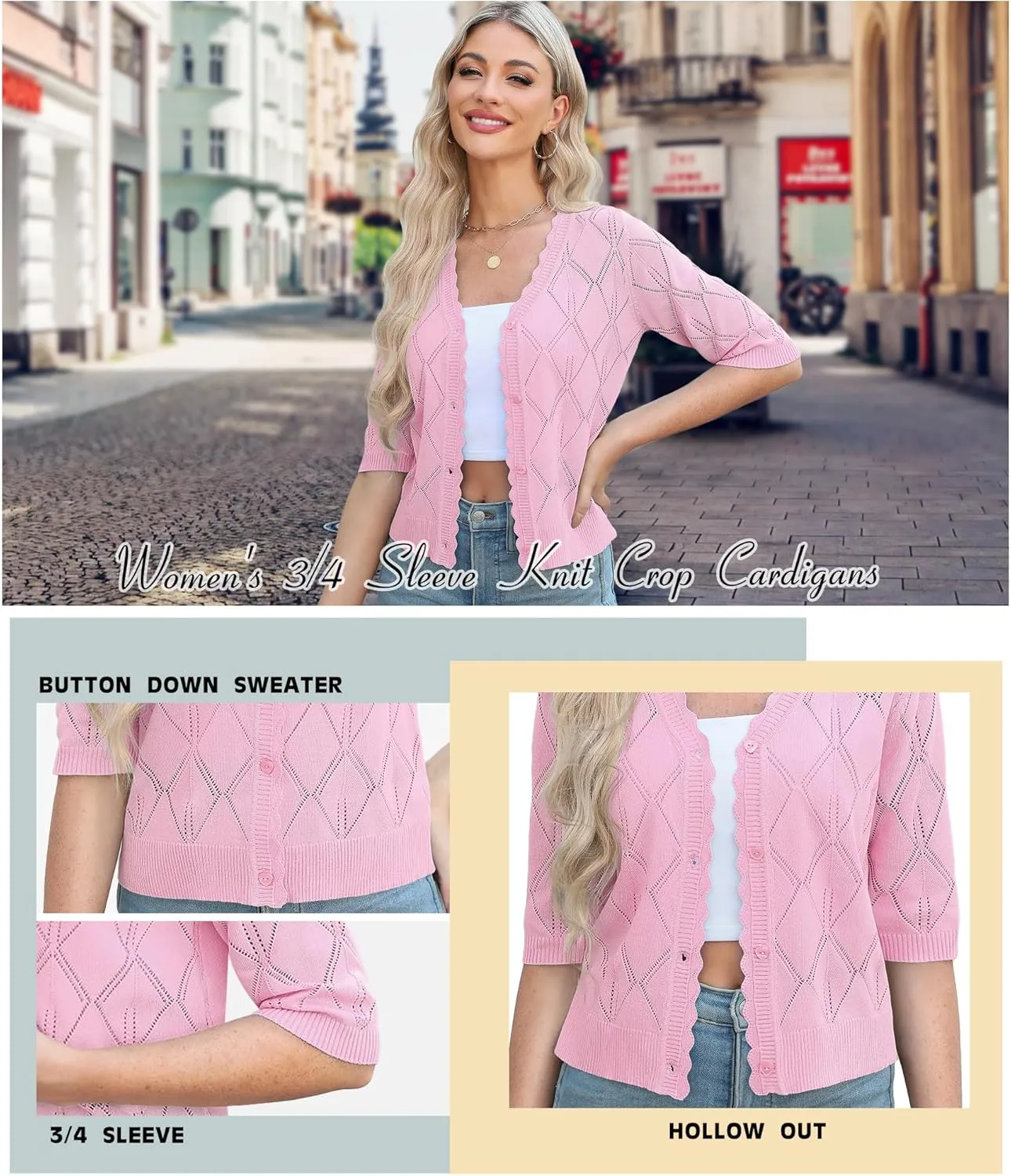 Women's 3/4 Sleeve Open Front Crochet Cropped Cardigans V Neck Heart Button Cardigan Shrug Bolero Sweater Tops