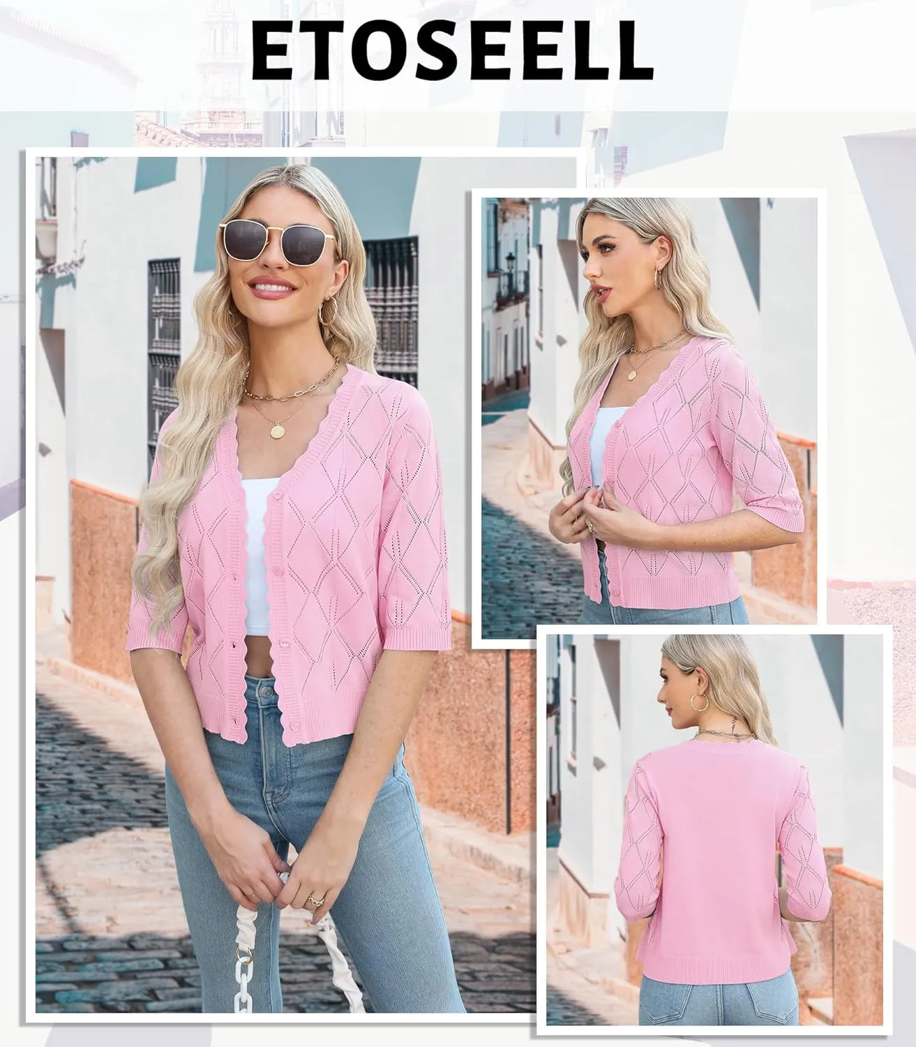 Women's 3/4 Sleeve Open Front Crochet Cropped Cardigans V Neck Heart Button Cardigan Shrug Bolero Sweater Tops