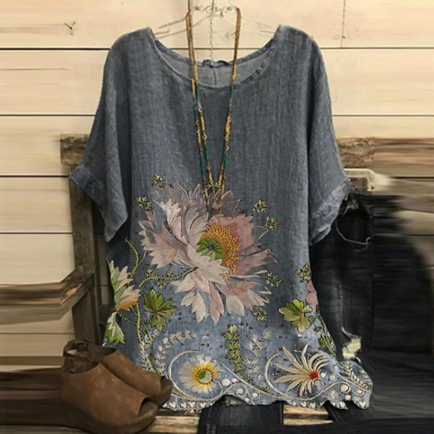 Women's Artificial Linen Floral Printed T-Shirt Loose O Collar Short Sleeve Tunic Shirt top Boho Style Tunic T-Shirt