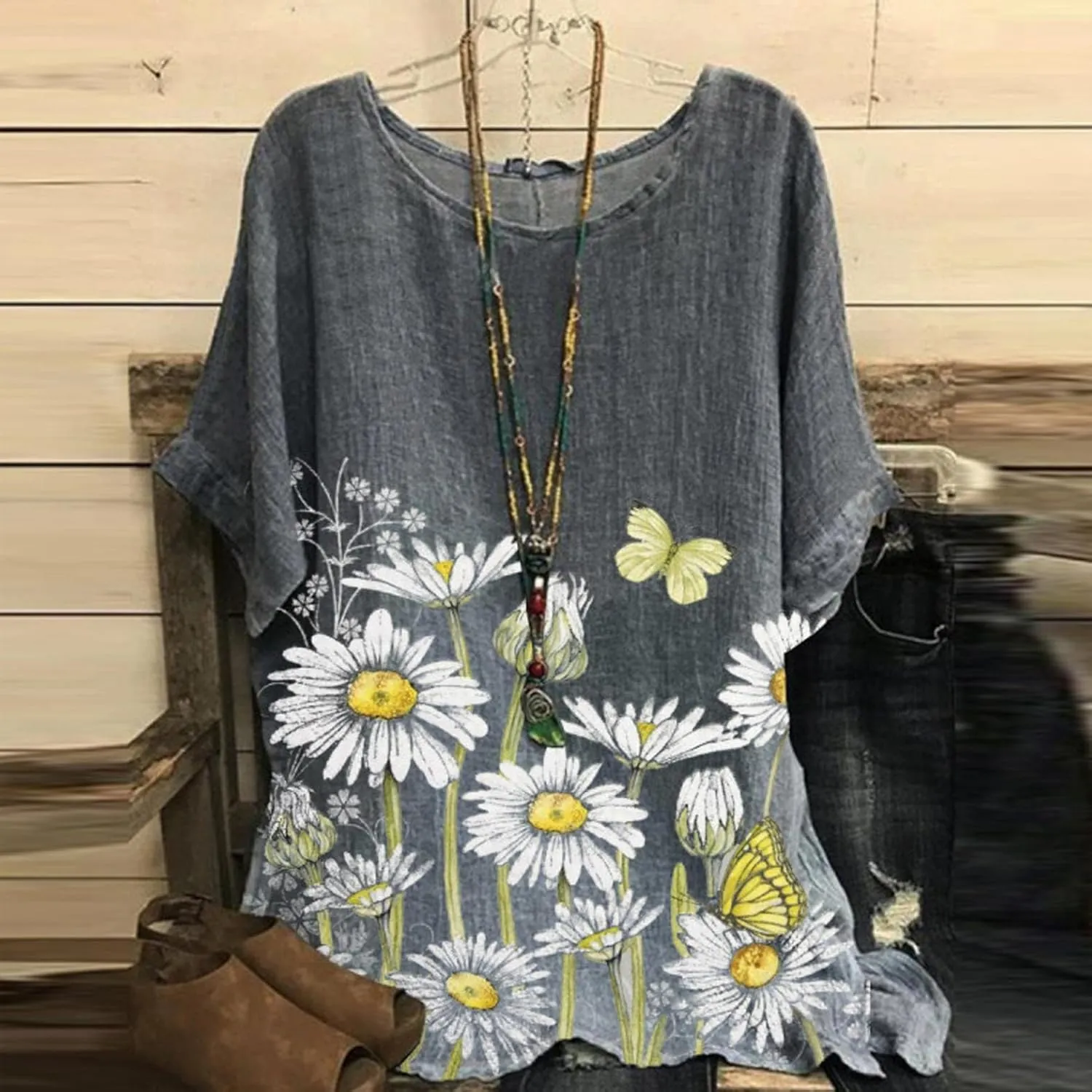 Women's Artificial Linen Floral Printed T-Shirt Loose O Collar Short Sleeve Tunic Shirt top Boho Style Tunic T-Shirt