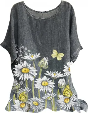 Women's Artificial Linen Floral Printed T-Shirt Loose O Collar Short Sleeve Tunic Shirt top Boho Style Tunic T-Shirt