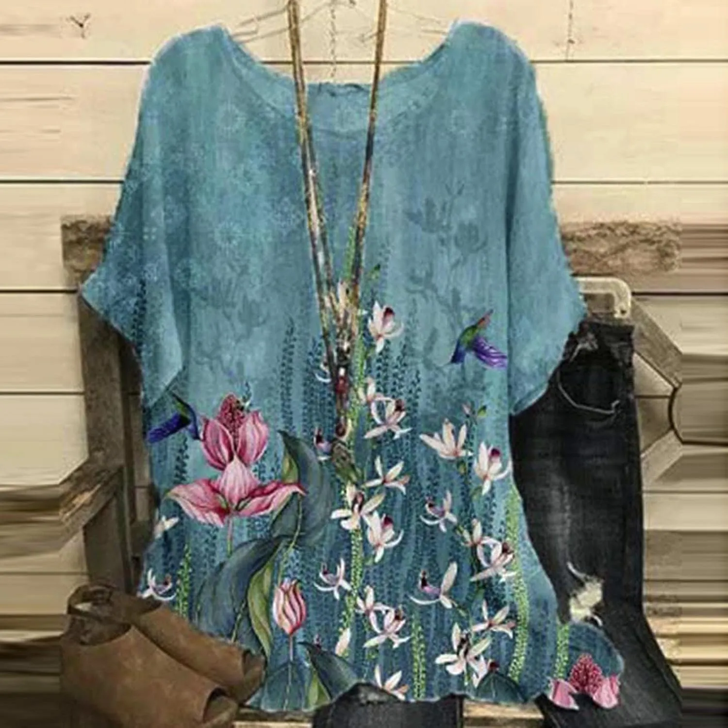 Women's Artificial Linen Floral Printed T-Shirt Loose O Collar Short Sleeve Tunic Shirt top Boho Style Tunic T-Shirt