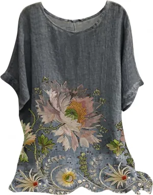 Women's Artificial Linen Floral Printed T-Shirt Loose O Collar Short Sleeve Tunic Shirt top Boho Style Tunic T-Shirt