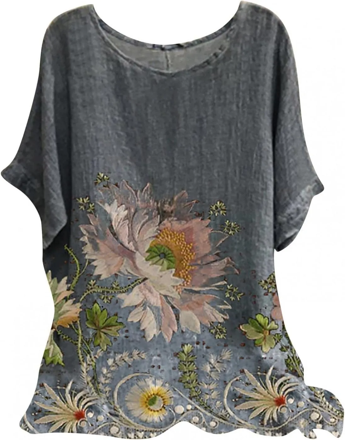 Women's Artificial Linen Floral Printed T-Shirt Loose O Collar Short Sleeve Tunic Shirt top Boho Style Tunic T-Shirt