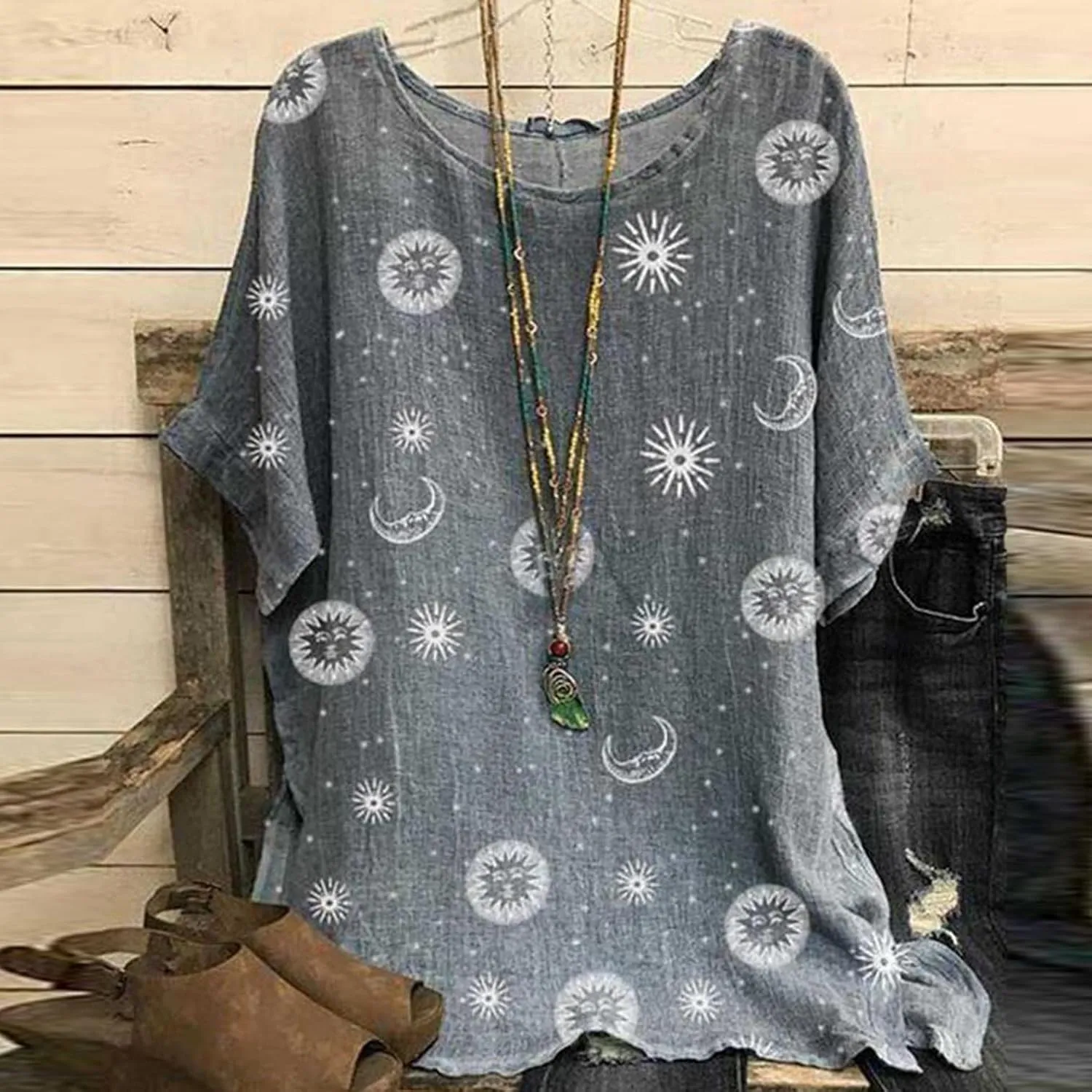 Women's Artificial Linen Floral Printed T-Shirt Loose O Collar Short Sleeve Tunic Shirt top Boho Style Tunic T-Shirt