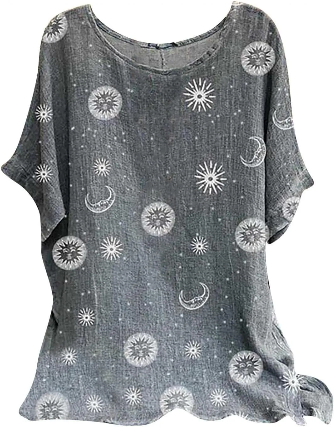 Women's Artificial Linen Floral Printed T-Shirt Loose O Collar Short Sleeve Tunic Shirt top Boho Style Tunic T-Shirt