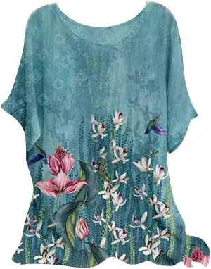 Women's Artificial Linen Floral Printed T-Shirt Loose O Collar Short Sleeve Tunic Shirt top Boho Style Tunic T-Shirt