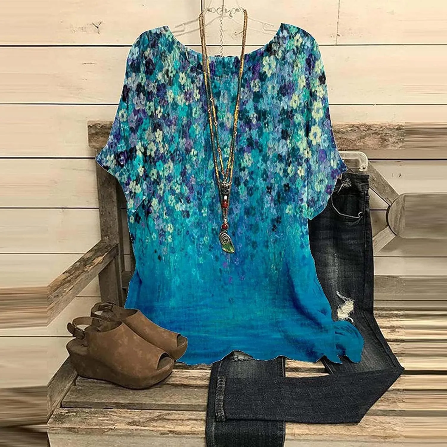 Women's Artificial Linen Floral Printed T-Shirt Loose O Collar Short Sleeve Tunic Shirt top Boho Style Tunic T-Shirt