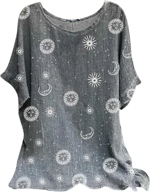 Women's Artificial Linen Floral Printed T-Shirt Loose O Collar Short Sleeve Tunic Shirt top Boho Style Tunic T-Shirt
