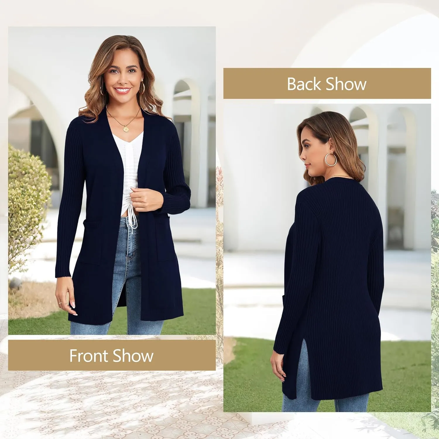 Women's Cardigan Sweaters V-Neck Long Sleeves with Two Pockets Side Split Hem Open Front Knit Casual Cardigan