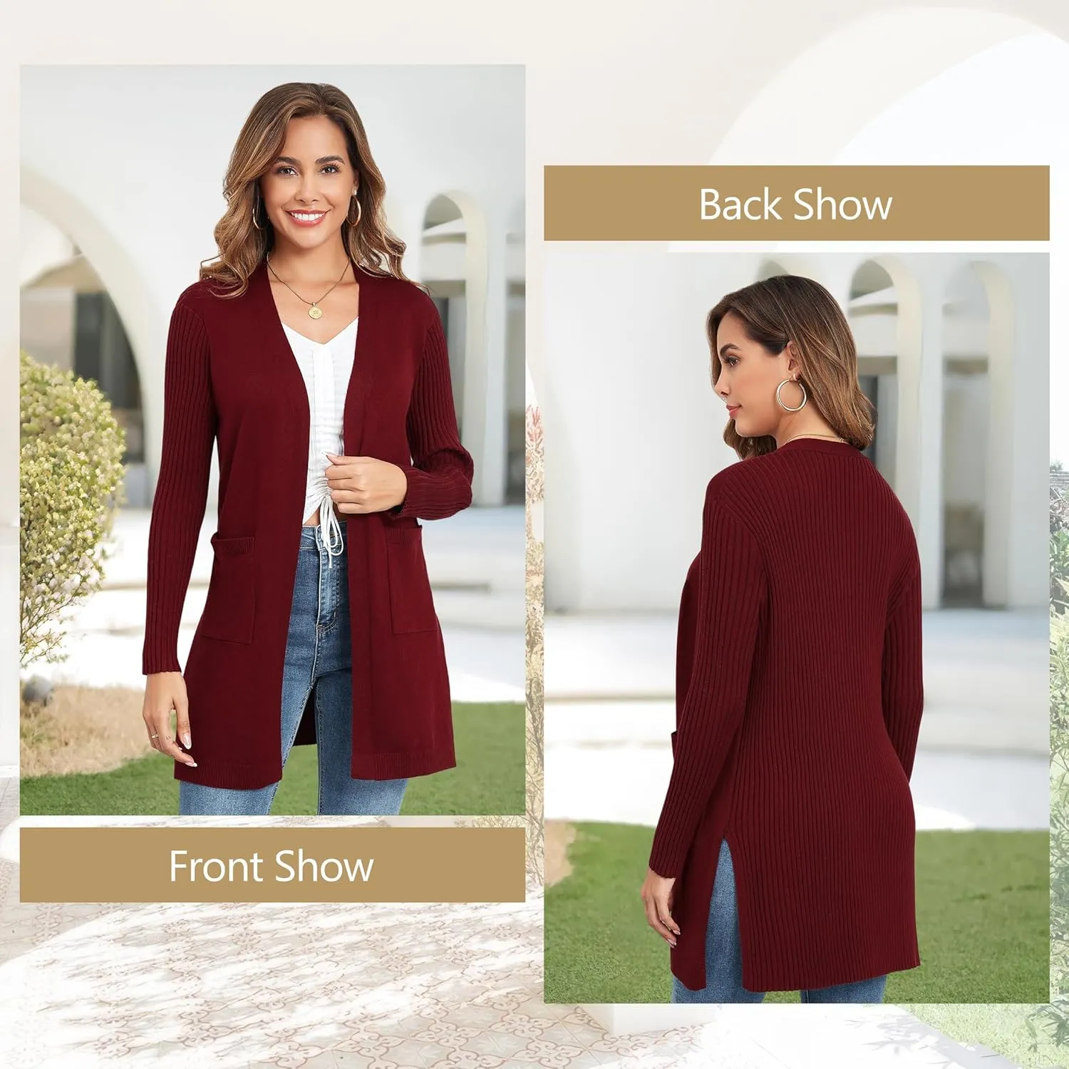 Women's Cardigan Sweaters V-Neck Long Sleeves with Two Pockets Side Split Hem Open Front Knit Casual Cardigan