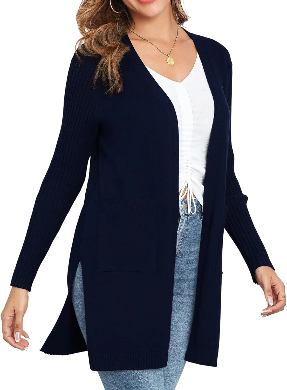 Women's Cardigan Sweaters V-Neck Long Sleeves with Two Pockets Side Split Hem Open Front Knit Casual Cardigan