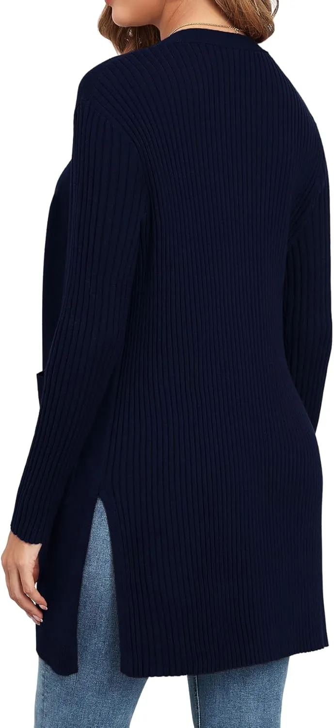 Women's Cardigan Sweaters V-Neck Long Sleeves with Two Pockets Side Split Hem Open Front Knit Casual Cardigan