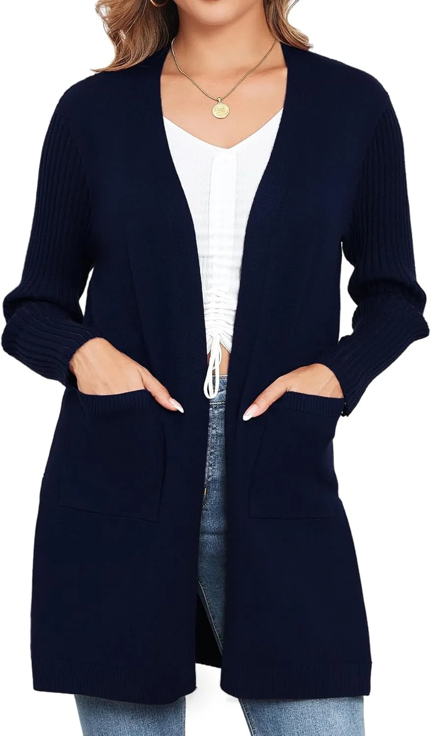 Women's Cardigan Sweaters V-Neck Long Sleeves with Two Pockets Side Split Hem Open Front Knit Casual Cardigan