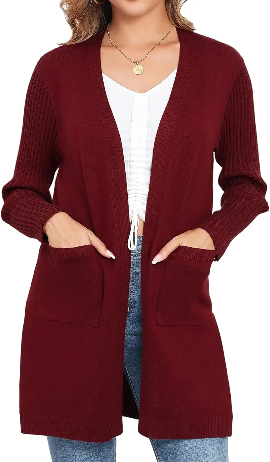Women's Cardigan Sweaters V-Neck Long Sleeves with Two Pockets Side Split Hem Open Front Knit Casual Cardigan