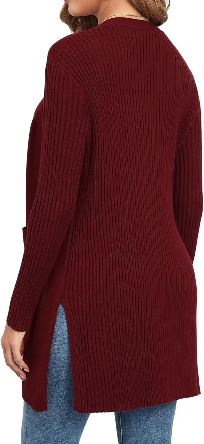Women's Cardigan Sweaters V-Neck Long Sleeves with Two Pockets Side Split Hem Open Front Knit Casual Cardigan
