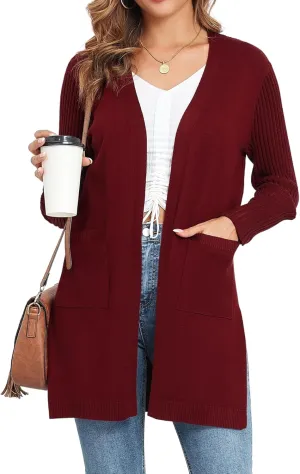 Women's Cardigan Sweaters V-Neck Long Sleeves with Two Pockets Side Split Hem Open Front Knit Casual Cardigan